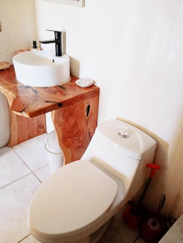 a bathroom with a white toilet and a sink at Beautiful cabin on Easter Island in Hanga Roa