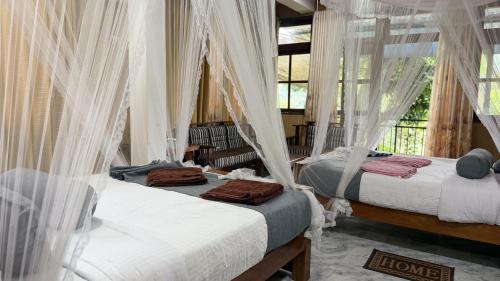 two beds in a room with mosquito nets at Forest Rawana homestay Ella in Ella