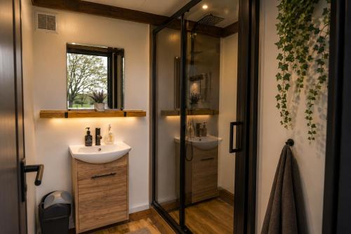 a bathroom with a sink and a shower at Glamping Hive in Čmeliny