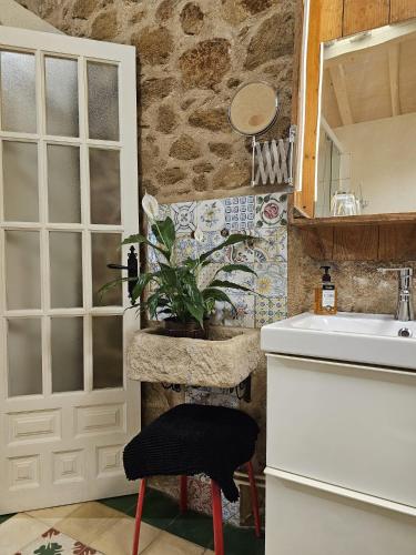 a bathroom with a sink and a potted plant at El Atalanto in Madrigal de la Vera