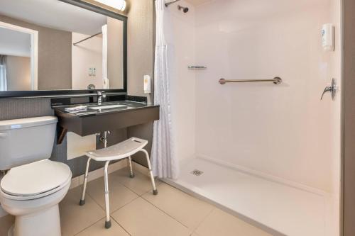 a bathroom with a toilet and a sink and a shower at Comfort Inn Alma - Lac-Saint-Jean in Alma