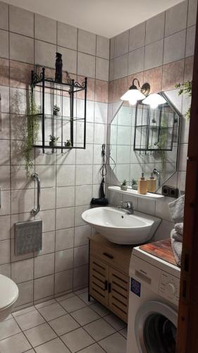 a bathroom with a sink and a washing machine at Herzenslicht in Ingenried