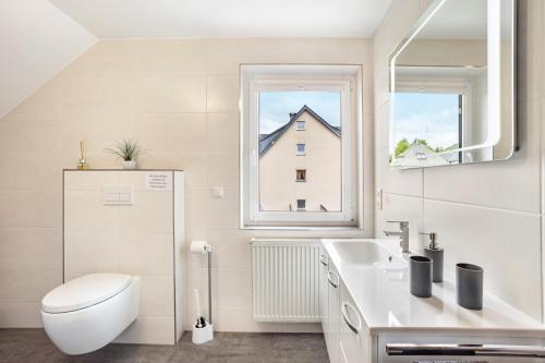 a bathroom with a toilet and a sink and a window at Ferienwohnung Niemeier in Brilon
