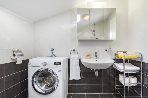 a bathroom with a washing machine and a sink at Villa Apartments Futura in Vantačići