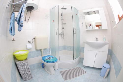 uma casa de banho com um chuveiro, um WC e um lavatório. em Apartment Zrinka em Ist