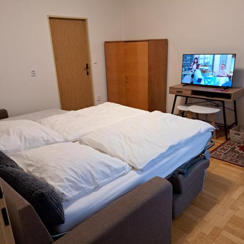 a bedroom with two beds and a flat screen tv at Apartmán Ševcovská in Zlín