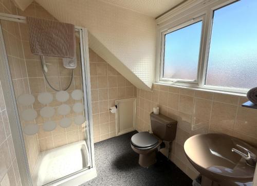 a bathroom with a toilet and a sink and a shower at Avalon Lodge in Bridlington