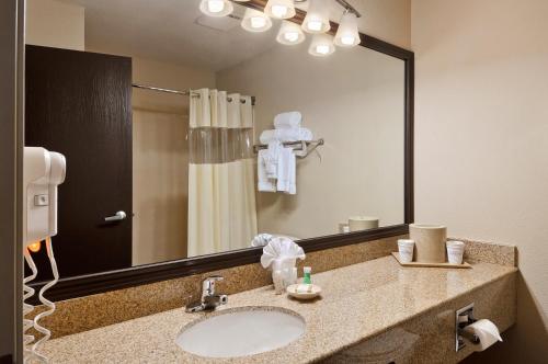 達拉斯的住宿－達拉斯愛田貝蒙特旅館套房酒店，一间带水槽和大镜子的浴室