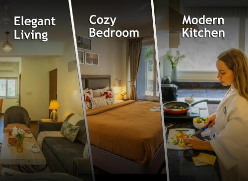 two pictures of a woman eating food in a hotel room at Perfectstayz Premium Carnival Suites Near Candolim in Pilerne