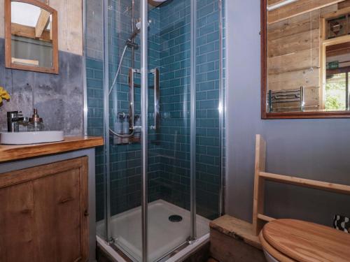 a bathroom with a shower with a tub and a sink at Ferryman's Lodge in Chepstow