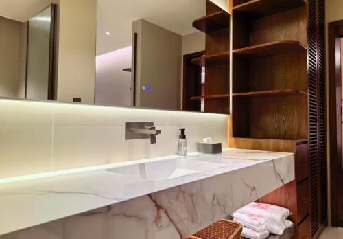 a bathroom with a sink and a large mirror at Liaoxin Valley Forest Hotel in Jiezi Ancient Town