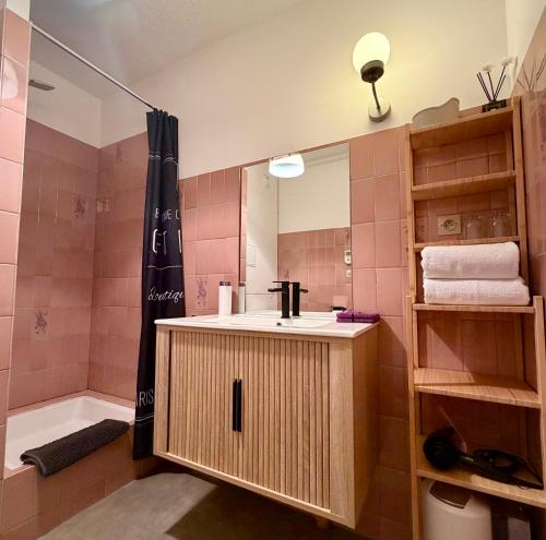a bathroom with a sink and a shower at Studio cosy à Molsheim Calme, centre-ville et accès Strasbourg in Molsheim