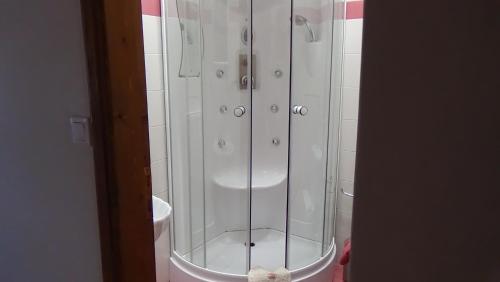 a shower with a glass enclosure in a bathroom at Elafotopos Hotel in Elafotopos