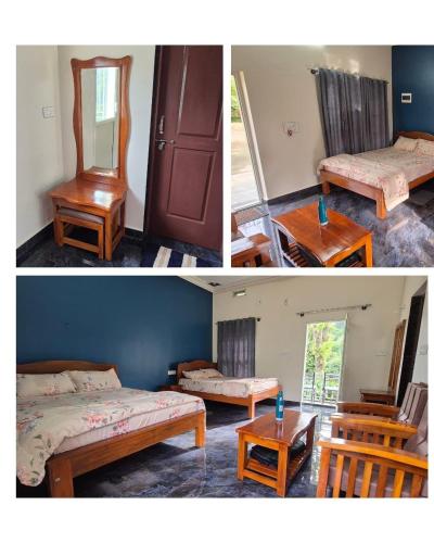 two pictures of a bedroom with a bed and a table at Sapthagiri Streamways in Madikeri