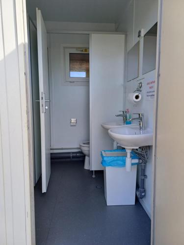 a bathroom with a sink and a toilet at The Marina Treehouse in Hamuliakovo