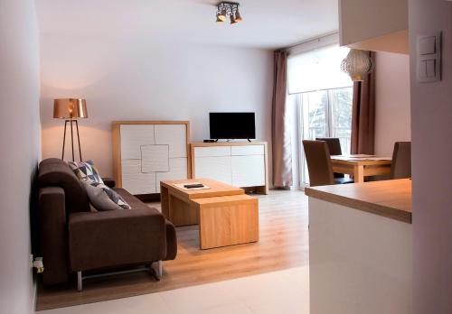 a living room with a couch and a tv at 100-SIO Apartamenty in Koszalin