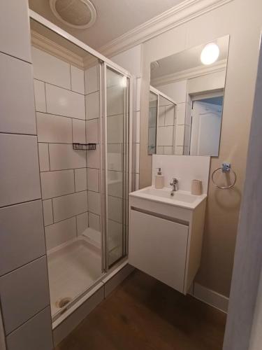a white bathroom with a shower and a sink at Glen Lilly Self Catering in Parow