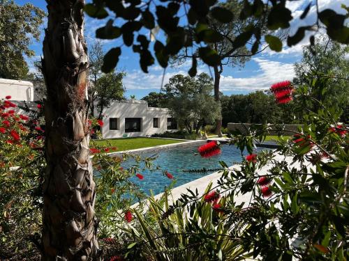 a swimming pool in front of a house with flowers at Calma Blanca in Castries