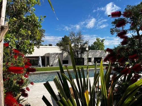 a house with a swimming pool and some flowers at Calma Blanca in Castries