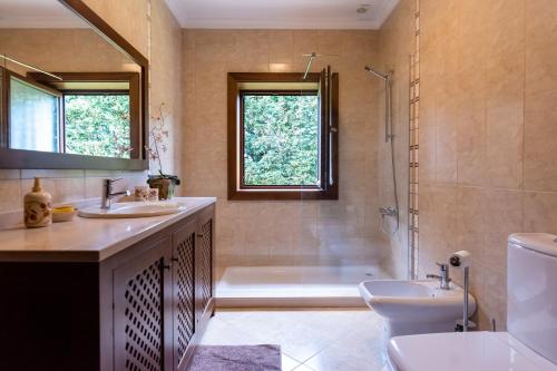 a bathroom with a tub and a sink and a toilet at Feel Discovery Maçã Douro in Armamar