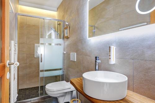 a bathroom with a sink and a toilet and a shower at Villa Alekatele in La Tranche-sur-Mer
