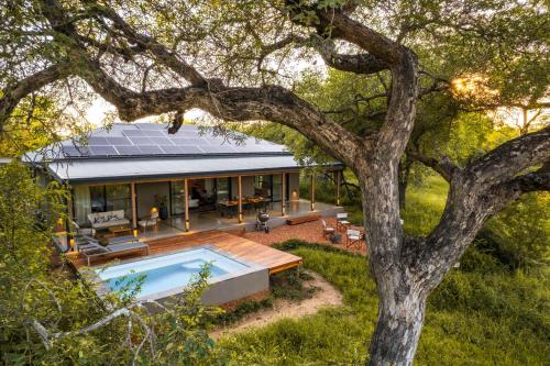 a house with a swimming pool and a tree at Nomads Den Safari Villas - Heated Pools and Riverbed views in Hoedspruit