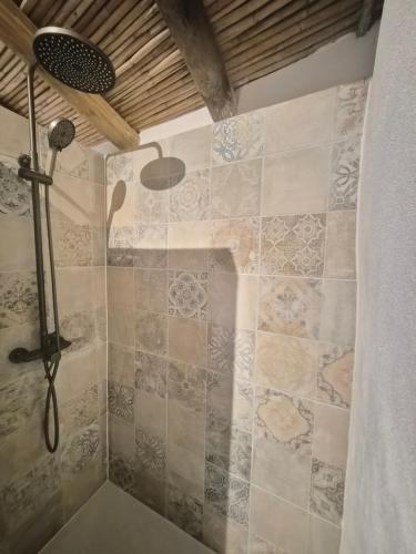 a shower with a shower head in a bathroom at Casa Nossa in Azinhal