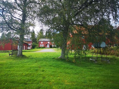 a field with trees and a red barn and a telescope at Lægran Gård in Steinkjer
