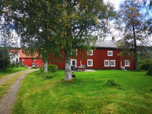 a red house with a tree in front of it at Lægran Gård in Steinkjer