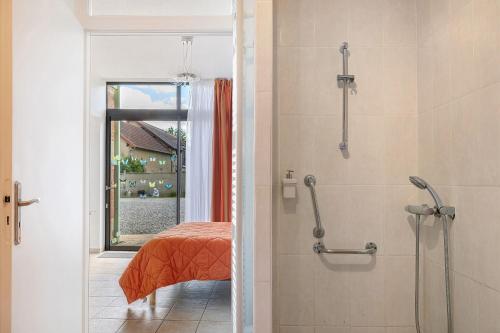 a bathroom with a shower and a bed and a window at Les Malvaux - Chambres d'hôtes in Huriel