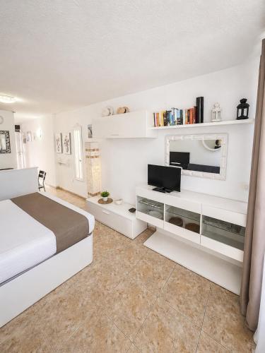 a bedroom with a bed and a flat screen tv at 213 Borinquen Holiday in Costa de Adeje