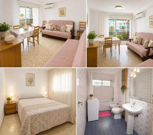 two pictures of a bedroom and a living room at Vacansis Apartamento Cullera Mar in Cullera