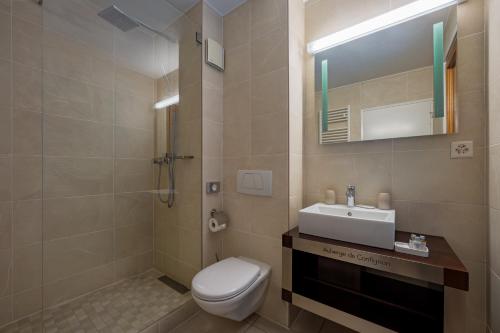 a bathroom with a toilet and a sink and a mirror at Auberge de Confignon in Geneva