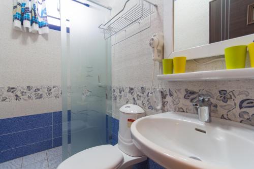 uma casa de banho com um lavatório, um WC e um chuveiro em Greek Wonderland B&B em Hualien