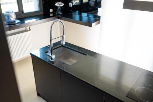 a kitchen with a sink and a black counter top at Gaia Villa in Thesprotikón