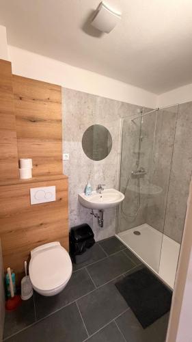ein Badezimmer mit Toilette, Waschbecken und Dusche in der Unterkunft Große Monteurunterkunft Wulzeshofen in Wulzeshofen