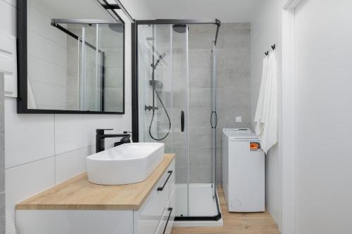 a bathroom with a sink and a shower at Silarent Niechorze Parkowa 3 in Niechorze