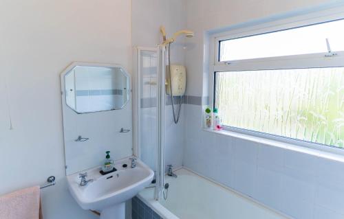 a bathroom with a sink and a shower and a window at Sneem Townhouse in Sneem