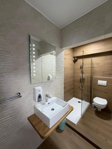 a bathroom with a sink and a toilet and a mirror at Rooms Vesna in Salopek-Selo