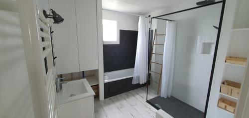 a bathroom with a shower and a sink and a mirror at Villa Belle Ile in Saint-Pierre-dʼOléron