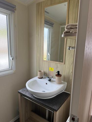 a bathroom with a sink and a mirror at Challaborough caravan in Burgh Island
