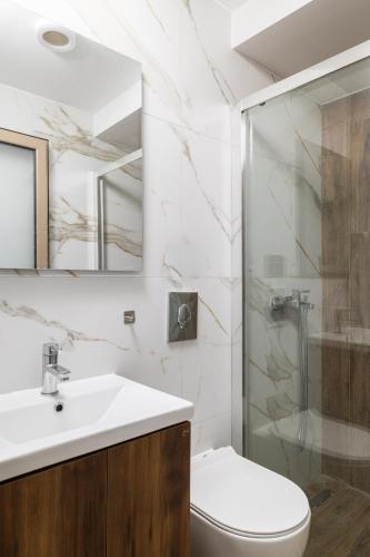 a bathroom with a toilet and a sink and a shower at D & D Apartments in Kassandra