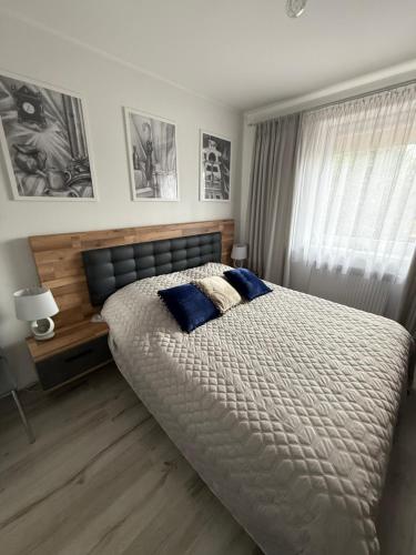 a bedroom with a large bed with blue pillows at Mieszkanie - Apartament in Dąbrowa