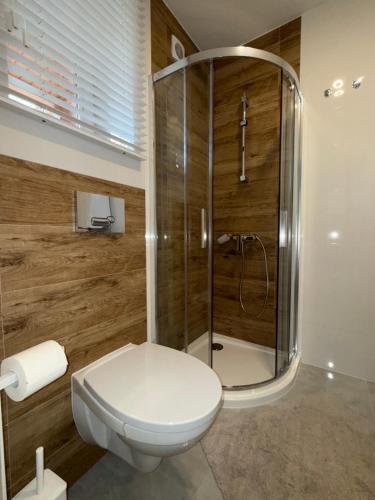 a bathroom with a toilet and a shower at Mieszkanie - Apartament in Dąbrowa