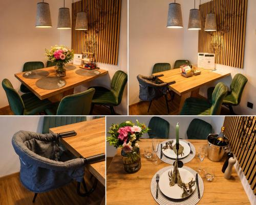 four pictures of a dining room with a table and chairs at Forest Apartment Gosau in Gosau