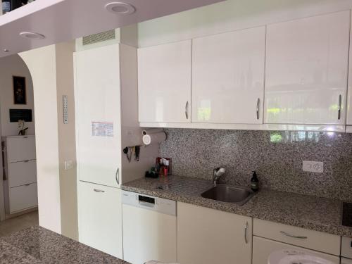 a kitchen with white cabinets and a sink at Residenza delle Fonti by HolAp SA in Minusio