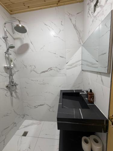 a bathroom with a black sink and white marble walls at Shpija Ujevara e Vogel 2 in Theth