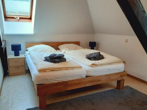 a bedroom with a bed with two pillows on it at Die Malche Gäste und Tagungshaus Villa App 13 in Alaunwerk