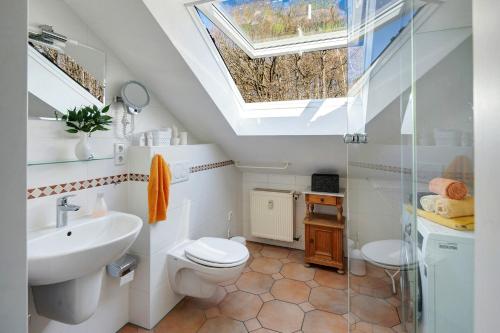 a bathroom with a toilet and a sink and a skylight at schöne Whg. 3 Schlafzimmer Balkon in Lüdenscheid
