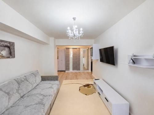 a living room with a couch and a television at Abel 27 Residence in Bacău